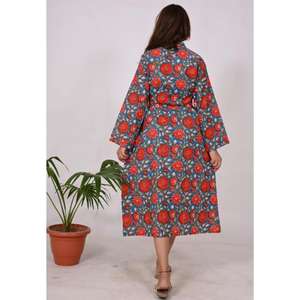 ชุดกิโมโนผ้าฝ้ายลายบล็อกพิมพ์ธรรมชาติ เอวธรรมชาติ เป็นมิตรกับสิ่งแวดล้อม น้ำหนักเบา เหมาะสำหรับใส่ไปชายหาด ชุดลำลองฤดูใบไม้ผลิ ชุดคลุม - Product Image 6