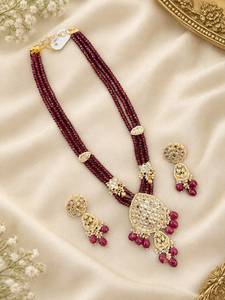 Parure Collier et Boucles d'Oreilles TISHYA DIAMOND en Alliage de Cuivre Plaqué Or, Coupe Brillante, Imitation Rubis, Perles et Pompons, Bijoux Ethniques pour Femme - Product Image 3