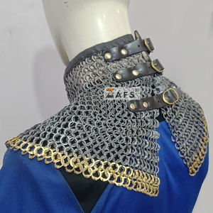 Collier de manteau d'évêque en mailles de chaîne de chevalier médiéval, acier doux de 9 mm, rivets plats avec anneaux de rondelle, garniture en cuir, armure de cou, costume - Product Image 5