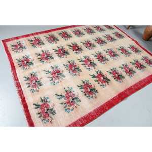 5.8x7.5 ft Large Turkish Rug, Vintage Rug, <b>Red</b> Blue Polka dot <b>Wool</b> Rug - Product Image 2