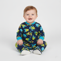 Combinaison bébé monstre extraterrestre à la mode, bleu marine, imprimé intégral, pyjama à pieds, fermeture éclair |   Semelles antidérapantes en tricot doux (0-2 ans)