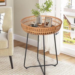 Table d'appoint ronde multifonctionnelle de style Boho en bambou et rotin Meuble d'appoint parfait pour le salon, la chambre à coucher ou le balcon - Product Image 2