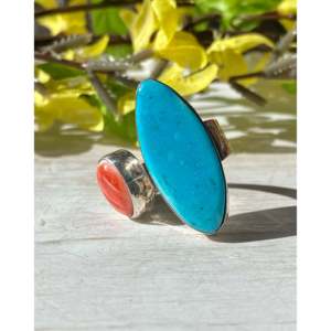 Jeffery Nelson Kingman Turquoise & Spiny Oyster <b>Ring</b> <b>Adjustable</b> Sterling Silver Bezel Setting Everyday Wear - Product Image 1