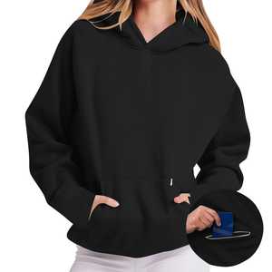 Sweat-shirts à capuche décontractés de style streetwear pour l'automne, couleur unie, surdimensionnés, ourlet à cordon de serrage, pull court pour femmes avec poche cachée - Product Image 1