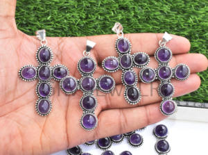 Vente en gros de pendentif croix en argent sterling 925 fait à la main pierre précieuse améthyste naturelle Design ethnique pour fiançailles de mariage - Product Image 4