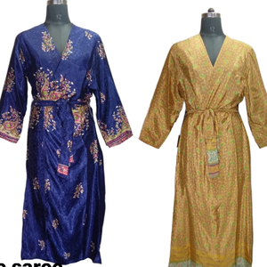 ชุดเดรสยาวกิโมโนผ้าไหมส่าหรีสไตล์วินเทจ,ชุดเดรสกิโมโนสไตล์โบโฮอินเดียดีไซน์หลากสีสำหรับฤดูร้อน - Product Image 1