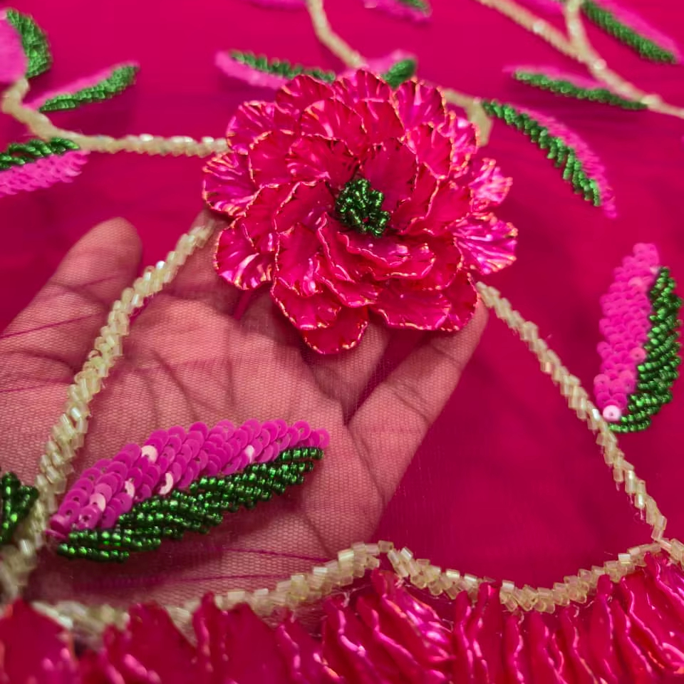 Luxury Hot Pink Net Fabric with 3D Flower Beaded & Sequins Hand Embroidered Heavyweight Weft Knitted Accessory Style