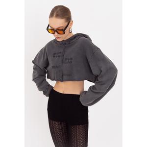 Sweat-shirt court imprimé à capuche - Anthracite - Product Image 5