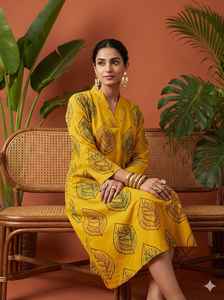 Conjunto de 2 Piezas Ajrakh con Escote Bardot, Diseño de Flores en Crochet, Volantes y Cuentas, en Chifón y Algodón, Secado Rápido y Absorción de Humedad - Product Image 4