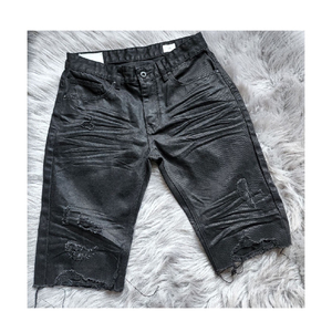 Venta al por mayor Oem Men Denim Shorts Custom Logo High Street Style Black Denim Ripped Shorts Solid Washed Decoration para el gimnasio - Product Image 1