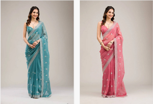 Colección Premium de Saris con Trabajo de Diamantes en Chifón Crujiente, Catálogo Completo Disponible a Precio de Mayoreo, Colección Premium de Saris. - Product Image 4