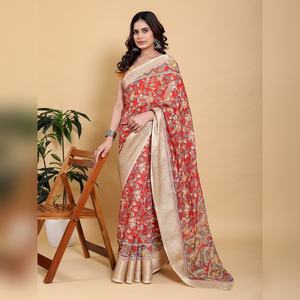 Sari de Algodón y Lino con Estampado Kalamkari Artístico al por Mayor, con Borde de Zari, Motivos GG-622, Destacado Principal de Alta Resolución - Product Image 2