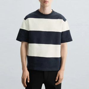T-shirt décontracté pour homme, rayé bleu marine et blanc, à manches courtes, col rond, coupe ample, en coton tricoté respirant - Product Image 2