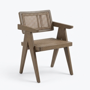 Grey Solid Wood Woven Rattan <b>Armchair</b> V Leg Chandigarh Style Accent <b>Dining</b> Chair Outdoor Patio Setup Art Design Decor - Product Image 1