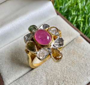 Anillo de Cóctel con Incrustaciones de Turmalina Multicolor y Diamantes Polki en Plata de Ley 925, Chapado en Oro - Product Image 4