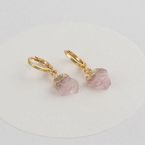 Handmade Trendy <b>Earring</b> Set for Women Natural Raw Rose Quartz for October Birthstone Electroplated <b>Fashionable</b> <b>Hoop</b> <b>Earrings</b> - Product Image 4