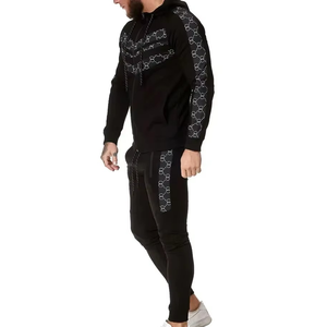 Survêtement imprimé designer noir pour hommes avec sweat à capuche et joggers élégant Slim Fit deux pièces ensemble vêtements de sport poches zippées - Product Image 5