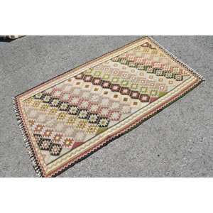 Tapis Kilim Turc Vintage Beige et Vert Patchwork Design 3.2X6 ft Tissage Plat Laine Jute Tapis pour Couloir Grande Taille Chambre Tapis - Product Image 2