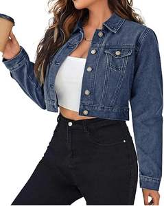 Printemps automne femmes recadrée Denim veste décontracté Slim Fit pierre lavé Jeans vêtements d'extérieur couleur unie coton manteau court - Product Image 5