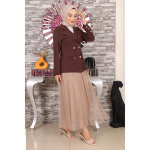 Traje Casual de Falda de Tul Marrón MSW19151-2 de Algodón Tejido con Decoración de Encaje, Opciones de Tops Largos y Cortos, Ajuste Ceñido, Cuello Cuadrado - Product Image 1