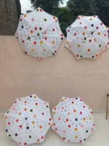 Cotton Fabric 24 Inch Umbrella <b>For</b> Ceiling Decoration Phulkari Foil Mirror Umbrella With Pom Pom <b>For</b> Photo <b>Prop</b> - Product Image 5