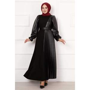 Pleated Leather <b>Dress</b> <b>Black</b> - Product Image 1