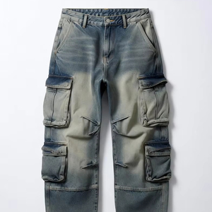 Pantalon cargo en denim tissé ample pour homme, taille haute, coupe décontractée, style streetwear, imprimé personnalisé, multi-poches, denim délavé - Product Image 1