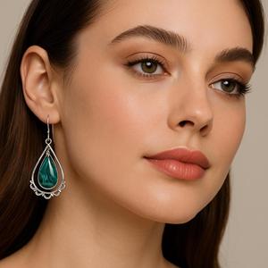 Malachite <b>Earrings</b>, 925 <b>Sterling</b> <b>Silver</b> Natural Pear Shape Gemstone <b>Dangle</b> Jewelry - Product Image 3
