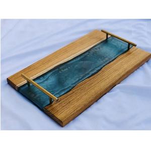 Plateau de service rectangulaire en bois massif naturel et résine avec poignées en métal, style classique, plateaux de service multifonctionnels, plateau à nourriture - Product Image 4