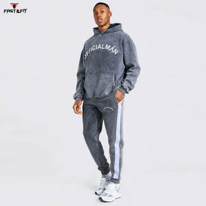 Sudadera con capucha y pantalones de chándal de gran tamaño con estampado personalizado de tendencia superior, chándal informal con hombros caídos y lavado ácido para hombres - Product Image 4
