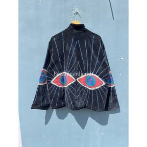 Handmade Black <b>Velvet</b> Eye Embroidery <b>Jacket</b> with Stand Collar Winter Coat for Unisex Boho Hippie Style with Inside Cotton - Product Image 5