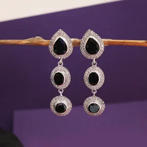 925 Silver Vintage Dangle Earrings with Black Gemstone <b>Gold</b> Plating Drop Style Water Drop Shape for Wedding Gift Women's Jewelry - Product Image 3