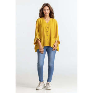 Blusa de Chifón Color Mostaza para Mujer con Bordado, Lentejuelas y Decoración de Encaje, Talla XL, Formal, con Cuello con Volantes y Lazo, WM-CS-SS24-075 - Product Image 3