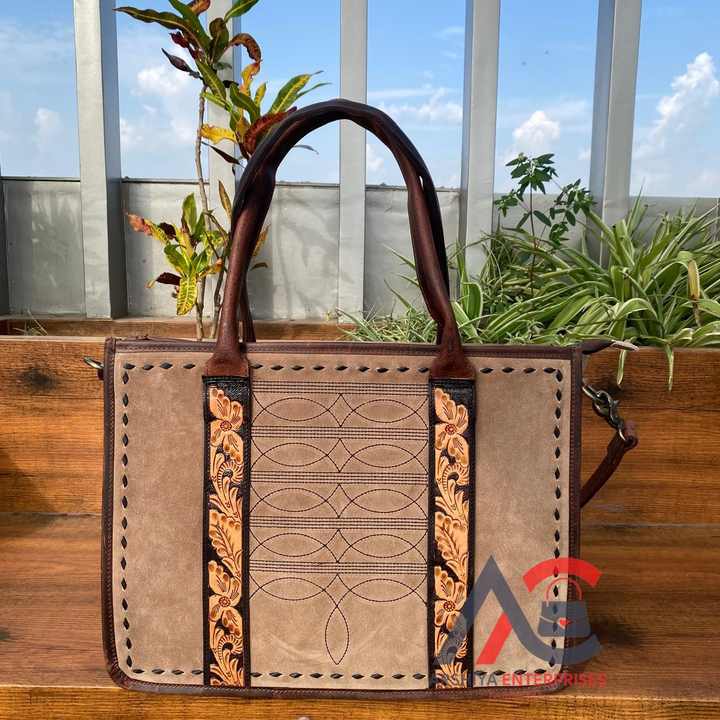 Boot Stitch Floral Hand Tooled Brown Suede Leather Tote Bag for Women's