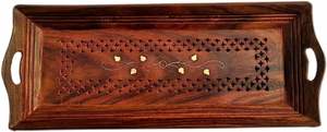Bandeja DE SERVICIO DE MADERA multiusos con trabajo de latón, platos de servicio para fiestas, comida y té Bandejas decorativas de madera para café - Product Image 3