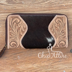 Cuir usiné à la main grande capacité multi-cartes fermeture éclair plus grand portefeuille Western femmes mode véritable cuir de vachette pochette sac à main - Product Image 1