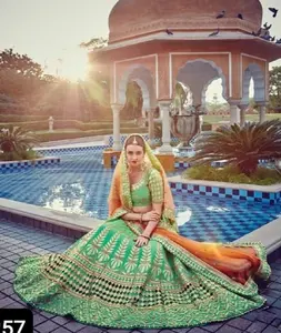 印度民族服装花式马拉巴利丝绸和序列刺绣作品Lehenga Choli和Net Dupatta与石材作品花边边框