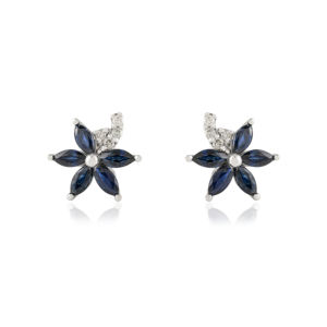 Boucles d'oreilles en argent pur S925 de luxe, petites clous floraux taille marquise saphir bleu, look tendance - Product Image 1