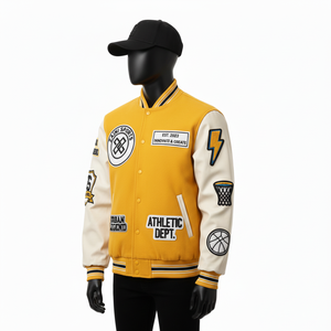 Heavy <b>Wool</b> Varsity Jacket <b>Yellow</b> Body White PU Sleeves Custom Chenille Logo Embroidery Sports Style Varsity Jacket for Men - Product Image 5