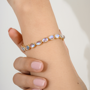 Bracelet tennis en or jaune 18 carats authentique bijoux faits à la main avec cabochons en pierre de lune arc-en-ciel 100% pour les fêtes cadeaux - Product Image 2