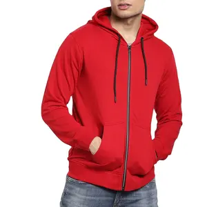 Hoodie ritsleting berat pria hoodie terry 450gsm pakaian kasual pria hoodie ritsleting merah dicelup saku tangan kustom tag kustom