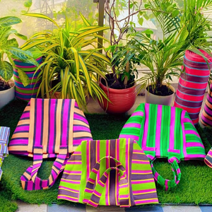 Bolsa de viaje ecológica personalizada con mango a rayas para playa, bolsas de aseo cosméticas de nailon reciclado, bolsas de compras con cremallera reutilizables - Product Image 2