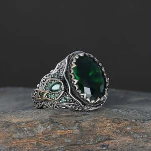 Anillo Otomano Azuris de Alta Calidad en Plata de Ley 925 para Hombre, Joyería de Moda con Piedra de Ágata Yemenita Natural, Hecho en Turquía - Product Image 1