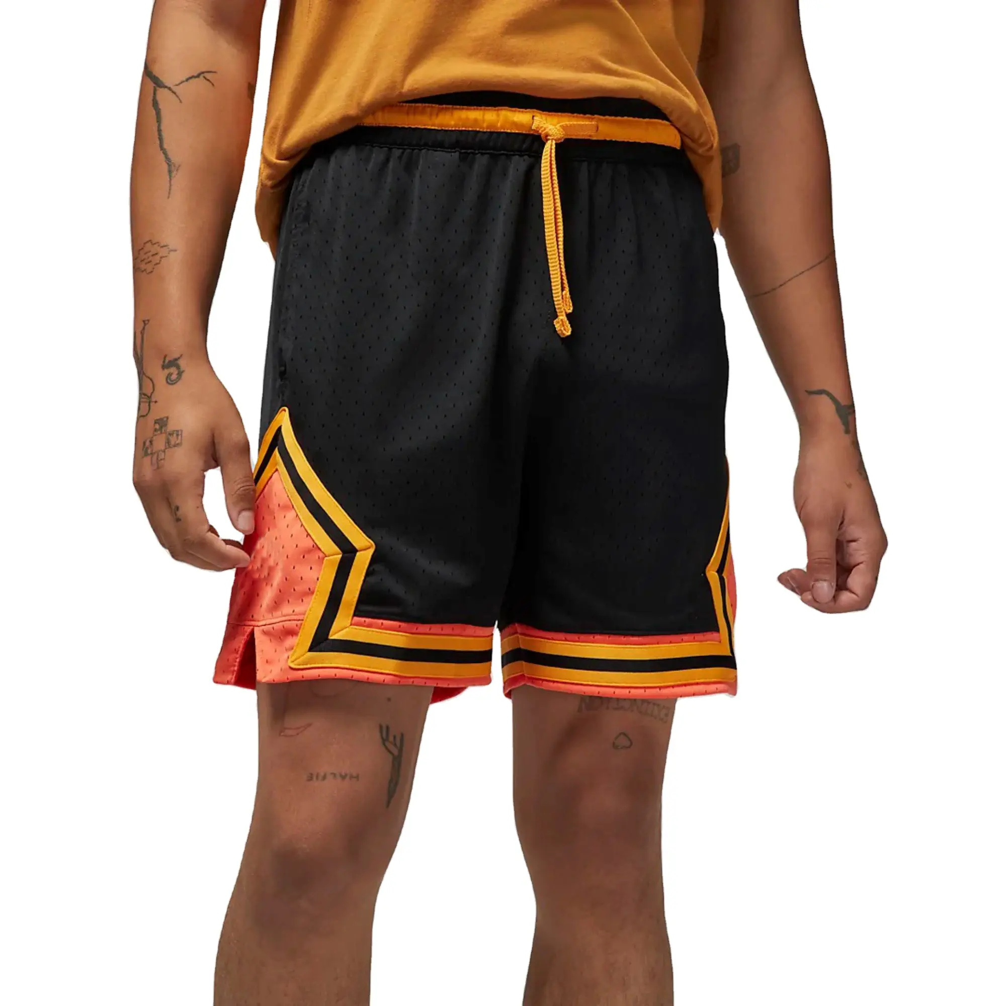 Dry and Comfortable 100% Polyester Mesh Black & Turf Orange Mens Diamond Shorts with Elastic Waistband and Striped Knit Tape
