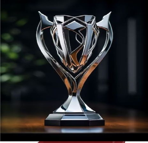 Copa de trofeo plateada geométrica moderna con un diseño futurista y nítido. Disponible a precios de mayoreo. - Product Image 1