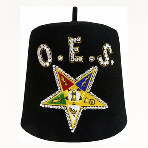 Chapeau personnalisé de la franc-maçonnerie Shriner OES, blanc pur, avec emblème OES brodé à la main, pompon jaune, décoré de strass - Product Image 3