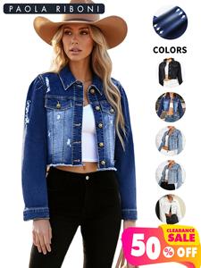 Paola Riboni Women's <b>Denim</b> <b>Jacket</b> Light Wash <b>Crop</b> Fit Vintage Style Full Sleeve Blue Distressed Jeans <b>Jacket</b> - Product Image 4