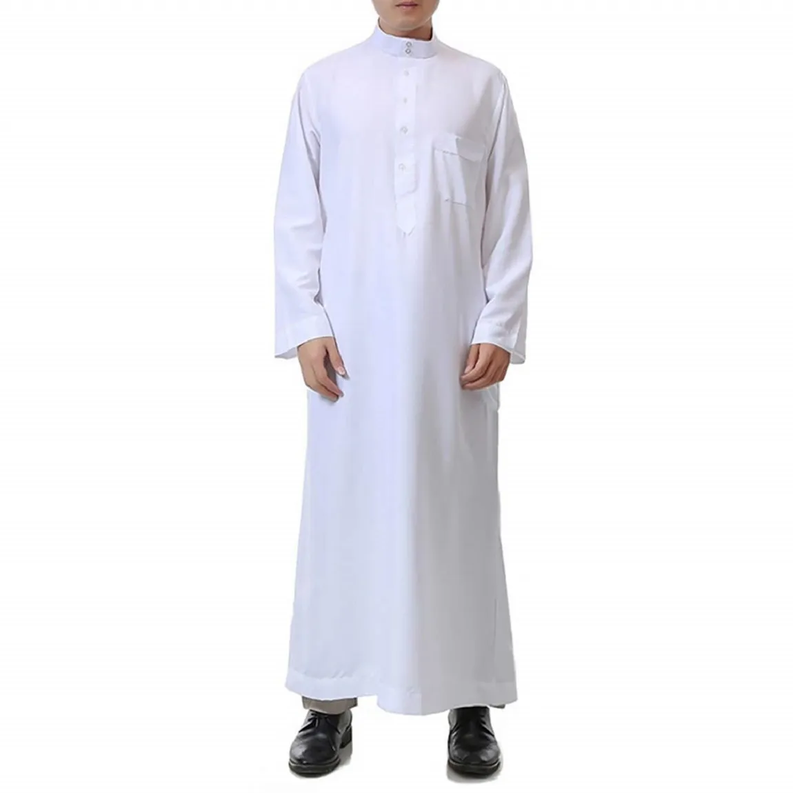 Ropa islámica para hombre, manga larga, calidad cómoda, Arabia Saudí, musulmán, Thobe, pecho bordado, Parche de bolsillo en el pecho