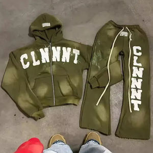 Manufacturers Custom Embroidered Acid Wash Tracksuit Set Vintage <b>Oversized</b> 100% Cotton Flare <b>Sweatpants</b> And Hoodie Set - Product Image 2