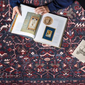 Alfombra Turca Art Deco Vintage, Color Azul Marino y Borgoña, Impresión Digital, Diseño Ornamental Tradicional, Lavable, Plegable, ODM - Product Image 1